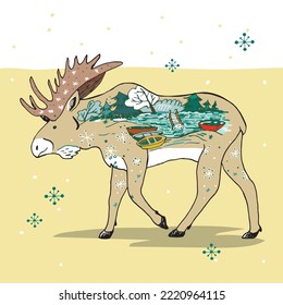 Forest elk animal doodle vector illustration poster.