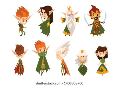 Forest elves set, fairytale magic characters in green clothes vector Illustrations on a white background