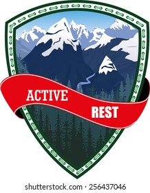Forest emblem on shield with mountains. Vector illustration background