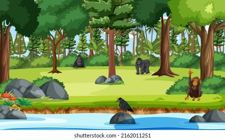Fondo del entorno forestal con ilustración de animales salvajes