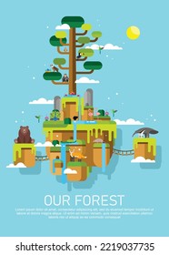 Forest and Environment with Bear, Colibri, Fox, Owl, Eagle, Peacock, Flamingo, Hornbill, Chimpanzee, Crocodile, Armadillo, and Anteater Design Flat Vector (Day Version)