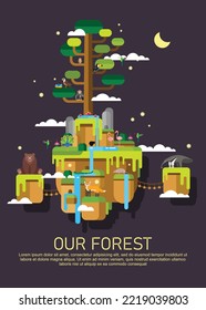 Forest and Environment with Bear, Colibri, Fox, Owl, Eagle, Peacock, Flamingo, Hornbill, Chimpanzee, Crocodile, Armadillo, Fireflies, and Anteater Design Flat Vector (Night Version)