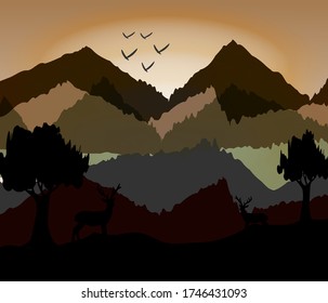 Forest in the evening light and black silhouette
