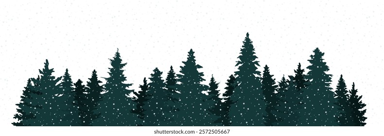 Forest evergreen trees with snow falling. Group silhouette style. Hand drawn pine spruce oak. Evergreen woods horizon. Vector illustration on white background.