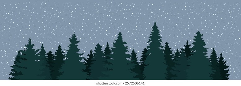 Forest evergreen trees with snow falling. Group silhouette style. Hand drawn pine spruce oak. Evergreen woods horizon. Vector illustration on white background.