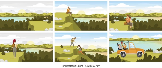 Forest expedition flat vector illustration. Tourist group in car on green landscape. River stream, water body. Man and woman sitting. People climbing hill. Female and male cartoon characters
