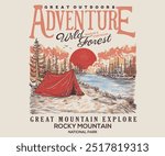 Forest explore design. Mountain camping. Adventure at the mountain graphic artwork for t shirt and others. River and waterfall with hill artwork. Mountain with tree vintage print design
