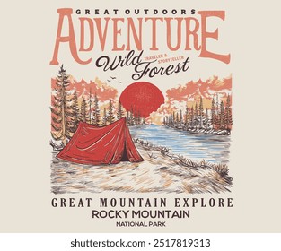 Forest explore design. Mountain camping. Adventure at the mountain graphic artwork for t shirt and others. River and waterfall with hill artwork. Mountain with tree vintage print design