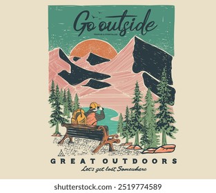 Forest explore design. Mountain summer camp club. Adventure at the mountain graphic artwork for t shirt and others. Mountain with tree vintage print design. Mountain digital painting poster. 