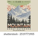 Forest explore design. Mountain with tree vintage print design. Mountain forest club.