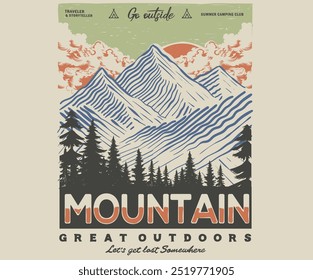 Forest explore design. Mountain with tree vintage print design. Mountain forest club.