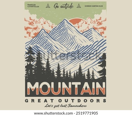 Forest explore design. Mountain with tree vintage print design. Mountain forest club.