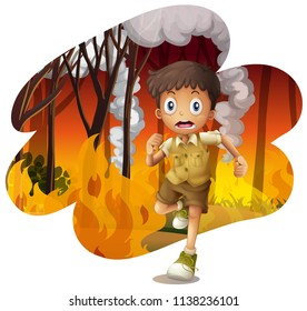 Forest explorer run awat from wildfire illustration