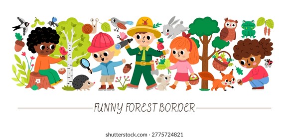 Forest explorers horizontal set for kids. Vector woodland birds, animals, trees, plants collection with curious kids, ranger. Cartoon woods card template. Cute characters clipart, illustration