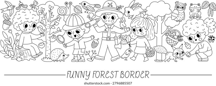 Forest explorers horizontal set for kids. Vector woodland black and white birds, animals, trees, plants collection with curious kids, ranger. Cartoon line woods card template, coloring page
