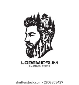 Forest Face logo features a detailed male silhouette integrated with pine trees and rugged woodland textures, illustrating a strong connection between human presence and wilderness, designed for adventure brands, outdoor gear companies, or environmental advocacy groups seeking a powerful and authentic visual identity that celebrates the spirit of the great outdoors.
