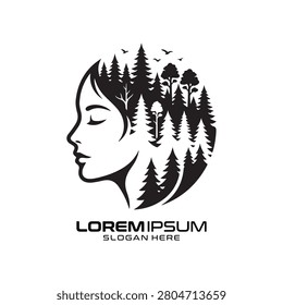 Forest Face logo portrays a serene face formed by dense trees and woodland, capturing the calming essence of nature, perfect for eco-travel agencies, environmental blogs, mindfulness apps, or outdoor adventure companies looking for a poetic and artistic visual identity that highlights the deep connection between humans and forests.