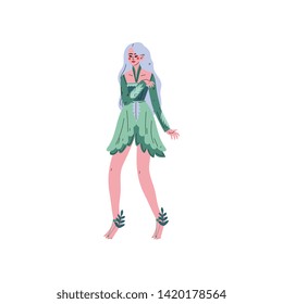 Forest Fairy, Beautiful Long Haired Girl in Green Dress Vector Illustration