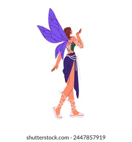 Forest fairy costume for halloween masquerade. Girl wears wood faerie suit with wings back view. Magic character for carnival, cosplay festival. Flat isolated vector illustration on white background