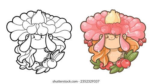 Cabello de jengibre de los bosques Chicas plantas coloridas, sombrero de flores, rojizo,   - Ilustración de libros para niños, tarjetas de regalo y libros de colorido - estilo Kawaii