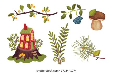 Forest Fairy House and Botany with Mushroom and Branch with Fir Cone Vector Set