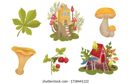 Forest Fairy Houses and Botany with Mushroom and Strawberry Branch Vector Set