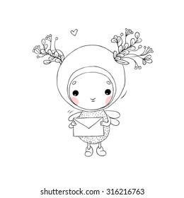 Forest Fairy and letter on a white background. Coloring book. Hand drawn vector