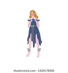 Forest Fairy or Nymph, Beautiful Girl in Blue Dress Vector Illustration
