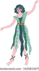 Forest Fairy or Nymph, Beautiful Girl with Green Hair and Dress Vector Illustration