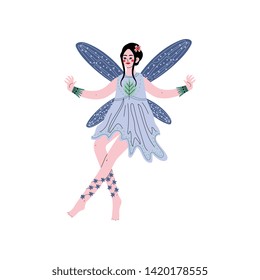 Forest Fairy or Nymph with Wings, Beautiful Brunette Girl in Blue Dress Vector Illustration