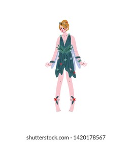 Forest Fairy or Nymph with Wings, Beautiful Girl in Green Dress Vector Illustration
