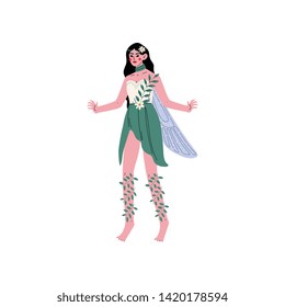 Forest Fairy or Nymph with Wings, Beautiful Brunette Girl in Green Dress Vector Illustration