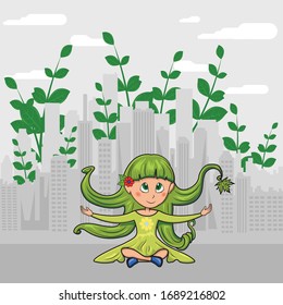 forest fairy on a gray city background, in cartoon style