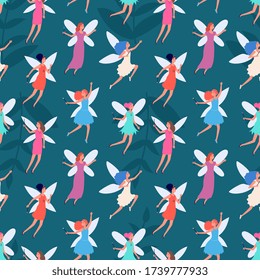 Forest fairy pattern. Kids print, cute tale flying princess background. Magic happy girls with wings vector seamless texture