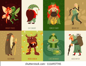 Forest fairy tale characters cards set flat isolated vector illustration