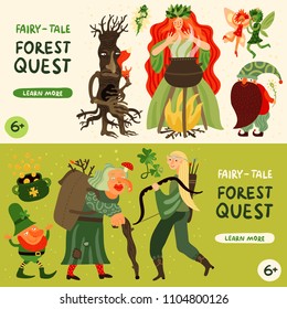 Forest fairy tale characters horizontal banners set with forest quest symbols flat isolated vector illustration