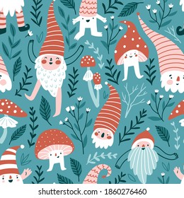 Forest fairy tale seamless pattern in hand-drawn style. Repeated pattern design with flowers, plants, mushrooms and gnomes. Fabric design for kids.