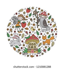 Forest fairy tale set. Cute hand-drawn animals and creatures in circle shape. Isolated on white background. Vector illustration.