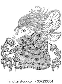 Forest fairy with wings in flower, magic girl for adult anti stress Coloring Page with high details isolated on white background, illustration in zentangle style. Vector monochrome sketch.