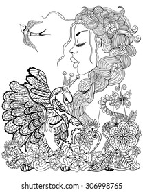 Forest fairy with wreath on head hugging swan in flower for anti stress adult Coloring Page with high details isolated on white background, illustration in zentangle style. Vector monochrome sketch.