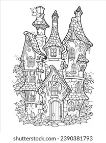 Castillo de cuento de hadas forestal, coloración en blanco y negro, vector