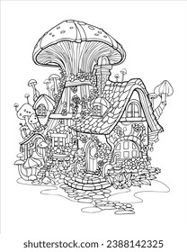 Casa de cuento de hadas forestal, coloración en blanco y negro, vector