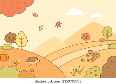 In the forest with fall foliage colors. Squirrel and hedgehog. outline simple vector illustration.