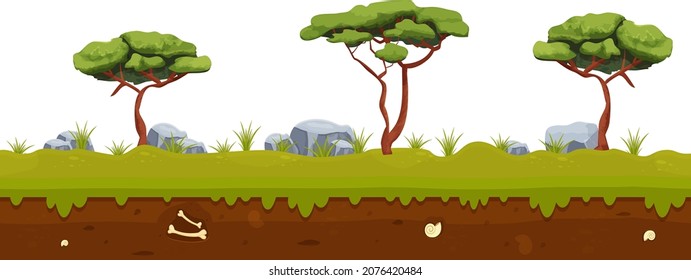 Forest fantasy landscape with tree, grass, stone soil in cartoon style. Tropical warm scene. Ui game background, horizontal.