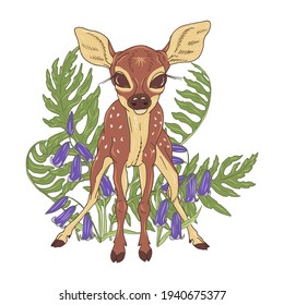 Forest fawn among grass and flowers, young deer and fern leaves, vector illustration