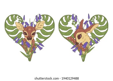 Forest fawn among grass and heart-shaped flowers, young deer and fern leaves and bell flowers, set, vector illustration