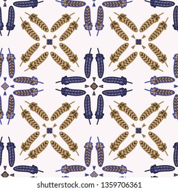 Forest feather grid cartoon seamless vector pattern. Hand drawn bird tile. All over print for autumn nature blog, animal graphic, woodland home decor.