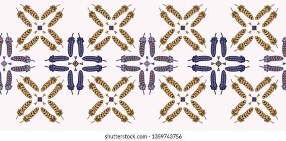 Forest feather grid cartoon seamless vector border. Hand drawn bird tile. All over print for autumn nature blog, animal graphic, woodland home decor.