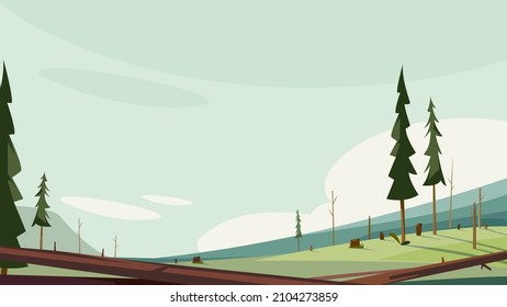 Forest with felled trees. Dead nature scenery.