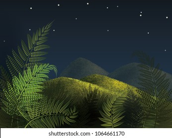 Forest fern with night summer landscape. The night before Ivan Kupala vector illustration.